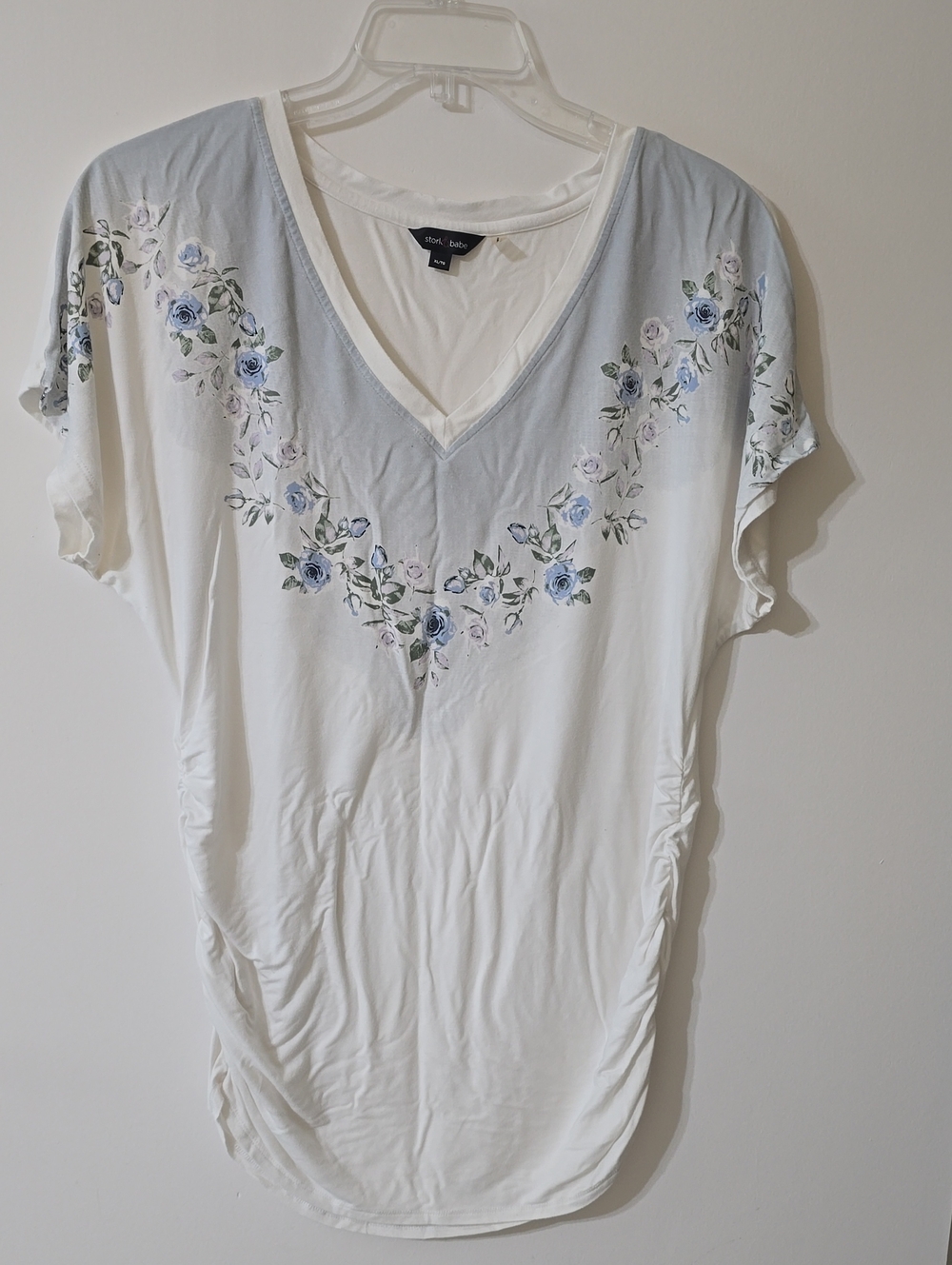 V-Neck White Tunic with Blue Floral Yoke